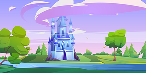Magic blue castle on green meadow with trees and river. Vector cartoon landscape with royal palace in fairytale kingdom with clouds around towers and water stream