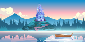 Fantasy blue castle on rock at morning. Vector cartoon mountain landscape with magic royal palace with towers, forest and lake with fog and boat. Fairytale illustration with medieval castle on cliff