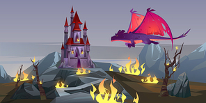 Dragon attack castle, fantasy magic character breathing with fire destroy medieval palace. Fairytale flying animal, epic scene for book or computer game, mystical creature, cartoon vector illustration