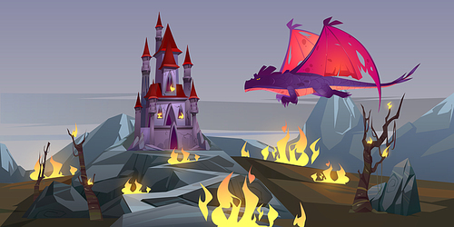 Dragon attack castle, fantasy magic character breathing with fire destroy medieval palace. Fairytale flying animal, epic scene for book or computer game, mystical creature, cartoon vector illustration