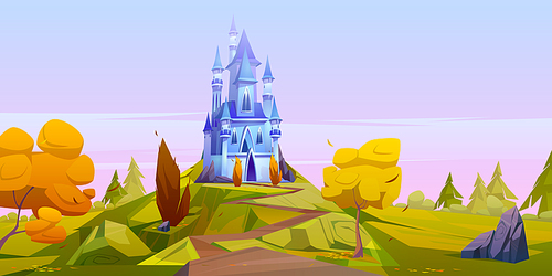 Magic blue castle on green hill with yellow trees. Vector cartoon autumn landscape with road leading to royal palace with towers on meadow in fairytale kingdom