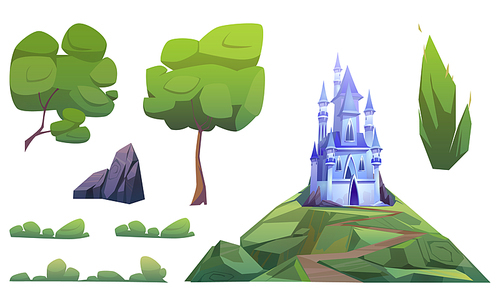 Magic blue castle and landscape elements isolated on white . Vector cartoon set of fantasy royal palace with towers on hill with road, green trees, bushes and stones