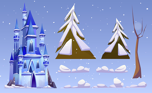 Magic castle and winter landscape elements isolated on blue . Vector cartoon set of fantasy royal palace with towers on, bare trees, pines with snow and snowdrifts