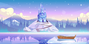 Magic castle on mountain top at river pier with boat floating on water at winter day with falling snow. Fairytale palace at beautiful landscape, fantasy medieval fortress, Cartoon vector illustration