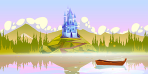 Magic castle on mountain top near river pier with boat on water surface at summer day. Fairytale palace under cloudy sky and trees around. Fantasy medieval architecture, Cartoon vector illustration