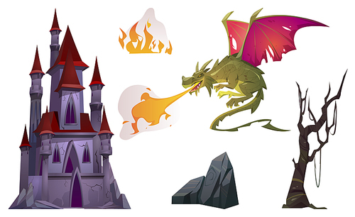 Dragon breath with fire, old castle, tree and rock cartoon set. Fantasy character, magic palace, natural objects fairytale images for book or computer game, vector icons isolated on white .