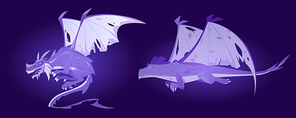 Fairy tale dragon ghosts, magic creatures with tail and wings. Vector cartoon illustration of transparent scary monsters from medieval mythology, spirits of fantasy flying beasts