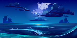 Fairy tale dragon ghost flying in sky under sea at night. Vector cartoon illustration of fantasy scary creature, soul of dead mythology beast with wings in dark sky with clouds