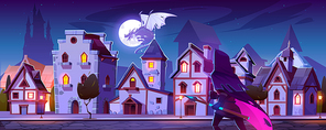 Ranger with magic spear hunt on dragon flying above medieval street with ancient half-timbered buildings and castle silhouette under night starry sky, fairy tale characters cartoon vector illustration