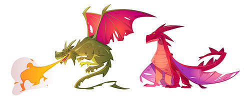 Fairy tale dragons, magic creature with tail and wings. Vector cartoon illustration of fire breathing monsters from medieval mythology, fantasy red and green flying beasts isolated on white 