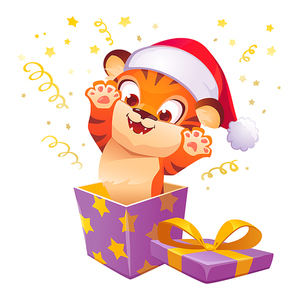 Gift box with cute tiger in christmas hat leaps out. Concept of present for New year with surprise. Vector cartoon illustration of funny kitten character in purple box with golden bow and confetti