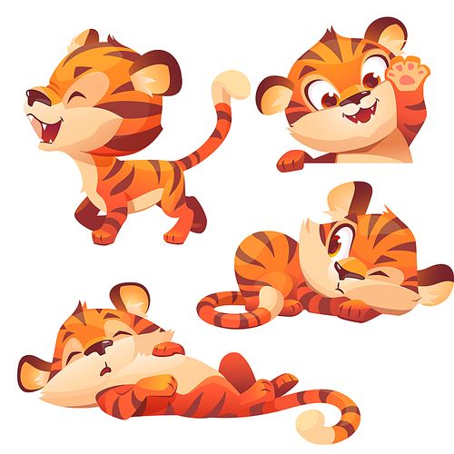 Cute baby tiger character in different poses. Vector set of cartoon funny kitten sleep, walking, greeting and peeking. Creative emoji set, animal mascot isolated on white 