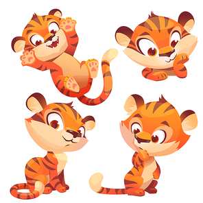 Cute baby tiger character with different emotions. Vector set of cartoon funny kitten plays, thinks and smiling. Creative emoji set, animal mascot isolated on white background