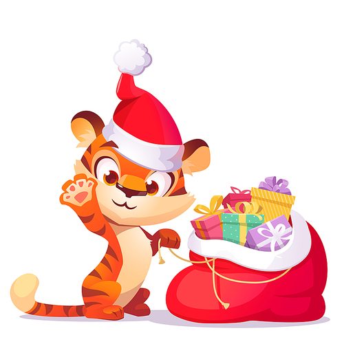 Cute tiger in in christmas hat with gift sack. Vector cartoon illustration of funny kitten character with red open bag full of presents in boxes with ribbons and bows isolated on white 