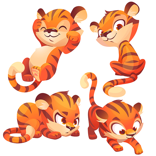Funny baby tiger character in different poses. Vector set of cartoon cute kitten sitting, sleep, sneaks and hides. Creative emoji set, animal mascot isolated on white 
