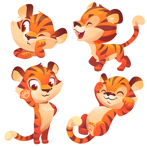 Funny baby tiger character in different poses isolated on white background. Vector set of cartoon cute kitten sleeps, walking, peeking and greeting. Creative emoji set, animal mascot