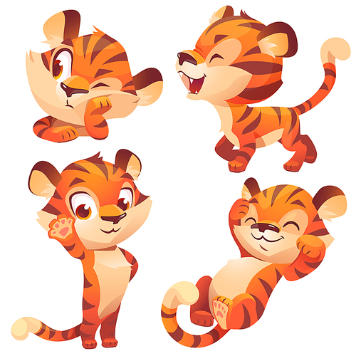 Funny baby tiger character in different poses isolated on white . Vector set of cartoon cute kitten sleeps, walking, peeking and greeting. Creative emoji set, animal mascot