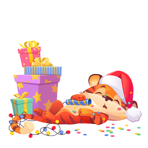 Cute New Year tiger cartoon character in Santa Claus hat sleeping at gift boxes with cracker, confetti and garland. Wild funny kitten animal cub, kawaii 2022 chinese zodiac symbol vector illustration