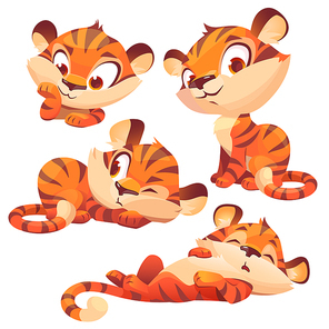 Set of cartoon baby tiger, cute animal cub character, funny mascot with kawaii muzzle express emotions smiling, sleep on back, think. Wild kitten with orange striped skin, Vector illustration, icons
