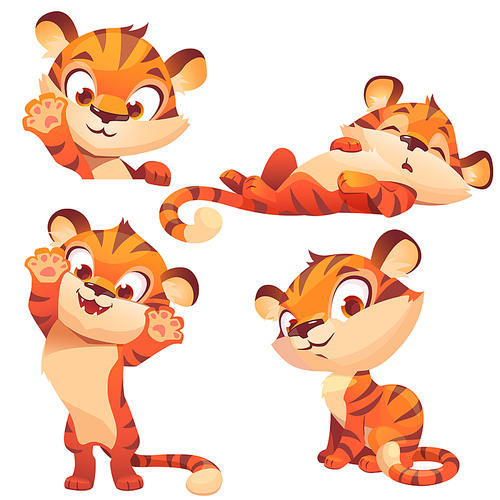 Cute tiger cartoon character, funny animal cub mascot with kawaii muzzle express emotions smile, playing and waving paw. Wild kitten with orange striped skin isolated on white  vector set
