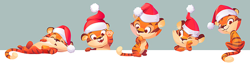 New Year tiger in Santa hat, 2022 and 2034 chinese zodiac symbol. Wild cute kitten, baby predator animal, cartoon cub character, smiling, sleep on back, waving paw, Vector illustration, icons Set