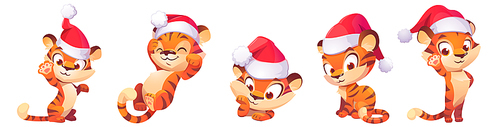 Cute baby tiger character in Christmas hat in different poses isolated on white . Vector set of cartoon funny kitten in red Santa Claus cap sleeps, smiling and greeting