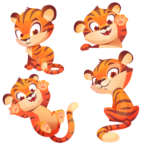 Cute tiger character in different poses isolated on white . Vector set of cartoon funny kitten plays, looks back and greeting. Creative emoji set, animal mascot