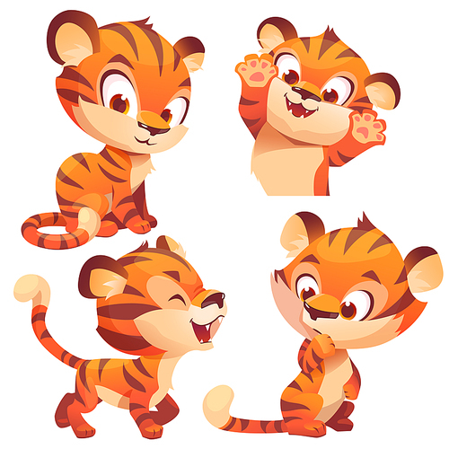 cute baby tiger, cartoon animal cub character, kawaii mascot roar, think, playing, smile and waving paws. wild funny kitten with orange striped skin, jungle  isolated on white  vector set