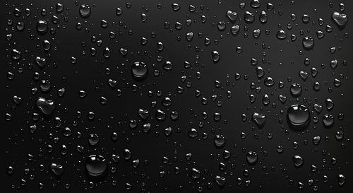 condensation water drops on black glass background. rain droplets with light reflection on dark window surface, abstract wet texture, scattered pure aqua blobs  realistic 3d vector illustration