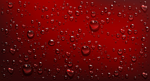 Water droplets on red background. Vector realistic illustration of condensation of steam in shower or fog on wet red surface, clear aqua drops from dew or rain