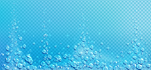 air bubbles, effervescent water fizz border. dynamic aqua motion, randomly moving underwater fizzing, soda drink  design on blue transparent background, realistic 3d vector illustration