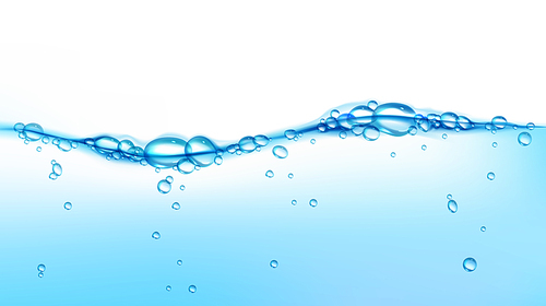 Fresh clean water wave with air bubbles. Vector realistic illustration of clear blue aqua surface isolated on white . Water splash, flow of pure liquid drink