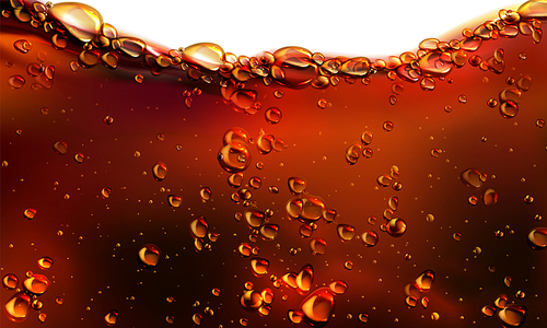 Splash of cola, soda or beer with bubbles. Vector realistic illustration of fizzy drink, champagne, cold carbonated beverage isolated on white . Wavy flow of liquid brown effervescent water