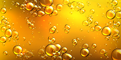 yellow oil with air bubbles. vector realistic underwater background of liquid argan, jojoba, castor or fish oil with glossy drops. golden  of flowing bubbles in orange honey