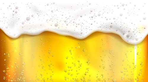 Beer with bubbles and foam background. Vector realistic illustration of lager texture in glass with flowing white froth. Banner with orange fizzy brewery drink for bar, Beer day or Octoberfest