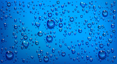 Water droplets on blue background. Vector realistic illustration of condensation of steam in shower or fog on wet blue surface, clear aqua drops from dew or rain