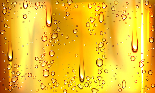 Condensation water or beer droplets on glass yellow background. Rain drops on window, abstract wet texture, cold juice or champagne alcohol beverage in wineglass. Realistic 3d vector illustration