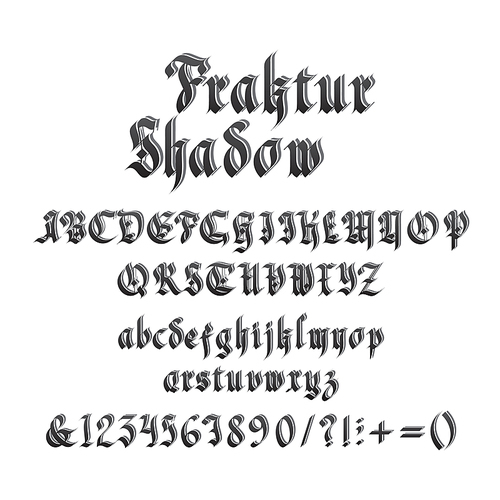 Vintage gothic font with shadow vector illustration. Unique decorative black capitals and lowercase calligraphic alphabet letters, numbers, symbols and signs on white background. Latin medieval type