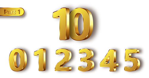 Golden metal unique numbers set of realistic vector illustration. Matte with glossy frame gold metal symbols or signs from 0 to 5, part 1, isolated on white 
