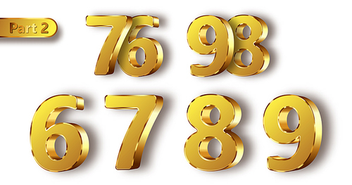 Golden metal unique numbers set of realistic vector illustration. Matte with glossy frame gold metal symbols or signs from 6 to 9, part 2, isolated on white 