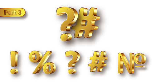 Golden metal unique symbols set, realistic vector illustration. Matte with glossy frame gold metallic characters, exclamation point, question mark, percent and number sign isolated on white 