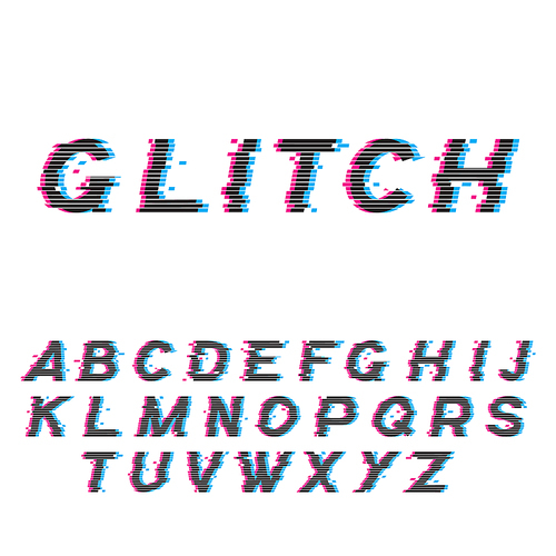 Glitch font or distorted abc, trendy latin type set vector illustration. Broken characters, distortion effect of inscription on screen, capital letters isolated on white 