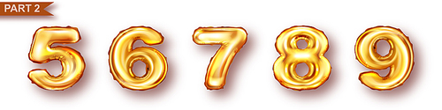 Balloon unique numbers from golden metal foil realistic vector illustration. Gold inflatable symbols or signs for celebrating children birthday or home holiday decor, part 1, isolated on white