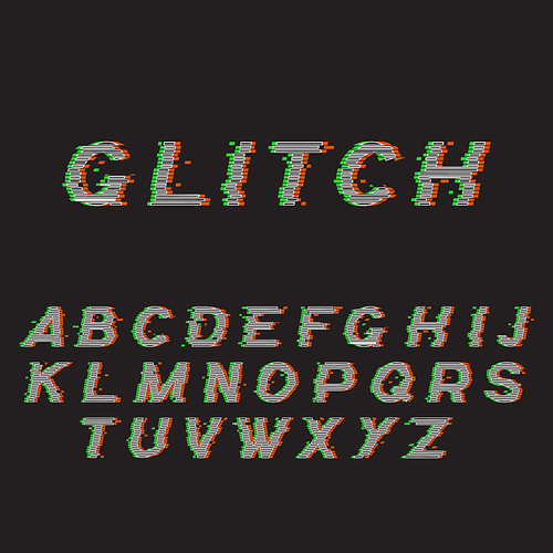 Glitch font or distorted abc, trendy latin type set vector illustration. Broken characters, distortion effect of inscription on screen, capital letters isolated on black background