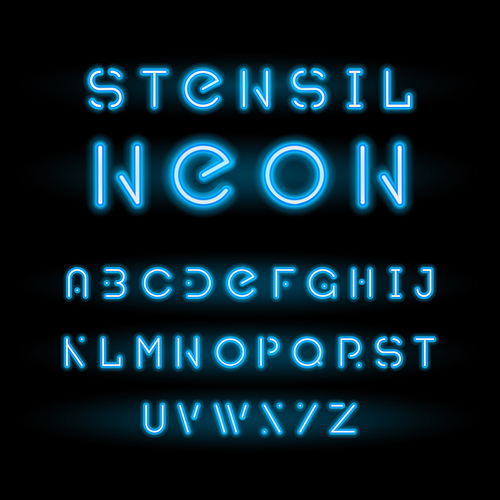 Stencil neon font or typeface, neon blue modular round alphabet isolated on black background. Simple cool modern letters for urban graffiti, book covers or headlines.