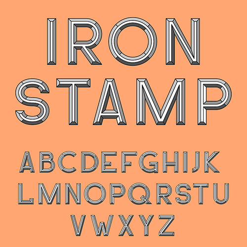 Metal stamp font retro vector illustration. Set of unique decorative 3D type, capital calligraphic alphabet, typography letterpress isolated on background. Latin retro type