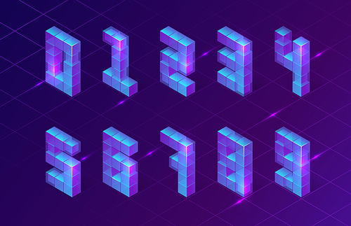 Isometric numbers made of 3d cubes on purple neon glowing background with retro synth wave grid and sparkles, hud hologram effect, futurisitic cyberpank vector elements, signs, retrowave symbols