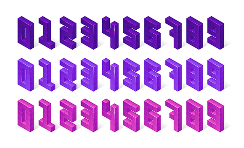 Isometric numbers made of 3d cubes. Purple, violet and pink digits stand in row isolated on white . Geometric font vector elements, block signs, set of mathematics symbols from zero to nine