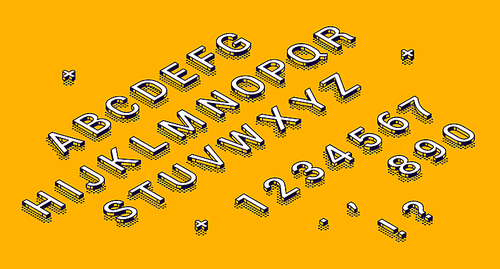 Isometric alphabet, numbers and punctuation marks lying in row on yellow background. Abc uppercase letters and digits typography 3d elements, signs, symbols. Vector characters in line art style Set