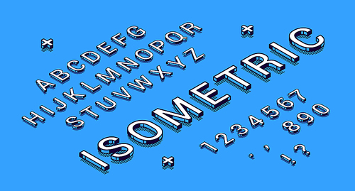 Isometric font, geometric 3d type. Vector creative typeface with black and white letters, numbers and punctuation with shadows on blue background. Trendy decorative alphabet
